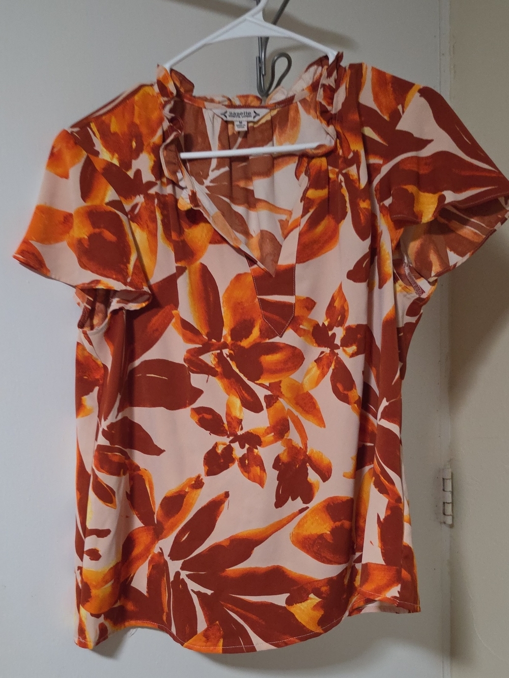 Nanette Lepore Orange & Brown Floral V-Neck Flutter Sleeve Blouse